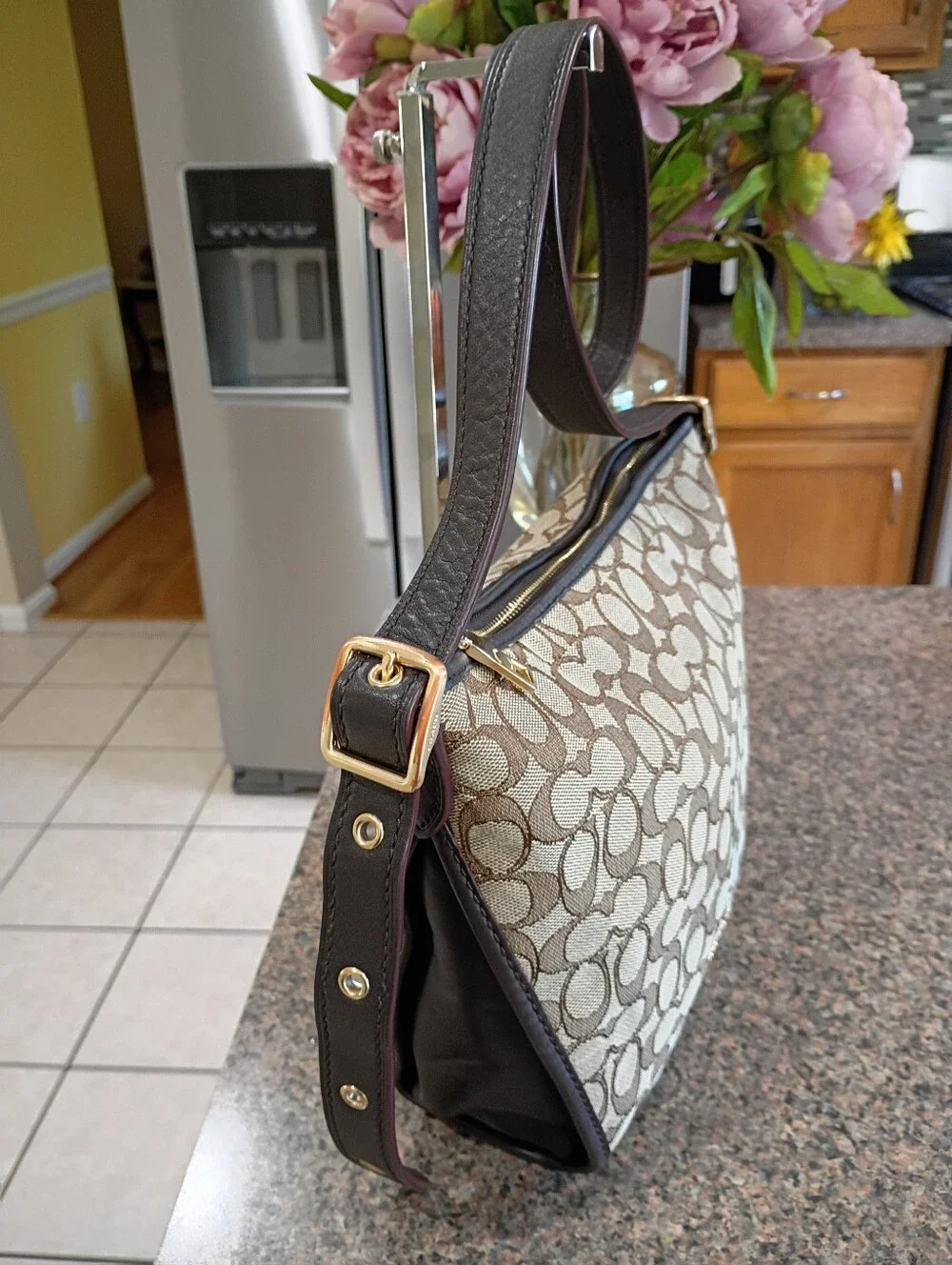 Coach Khaki and Brown Signature Canvas Shoulder Bag